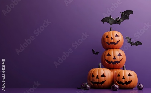 Carved pumpkins and bats on a vibrant purple backdrop for Halloween fun!