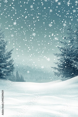 Peaceful winter landscape with snow-covered hills and gently falling snowflakes
