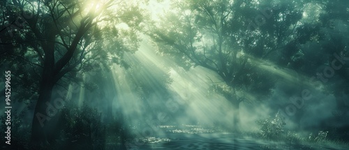 Wallpaper Mural Serene Misty Forest: Sunlight Filtering Through Tree Canopy in Enchanted Woods Torontodigital.ca