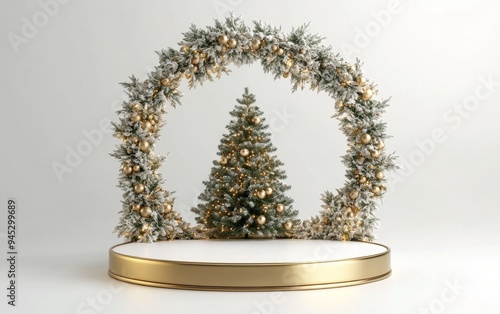 Elegant Christmas tree with golden ornaments and a decorative display on a li...