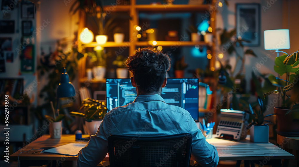 Young IT Professional Working Diligently at Desk in a Home Office Environment Young IT Professional Working Diligently at Desk in a Home Office Environment