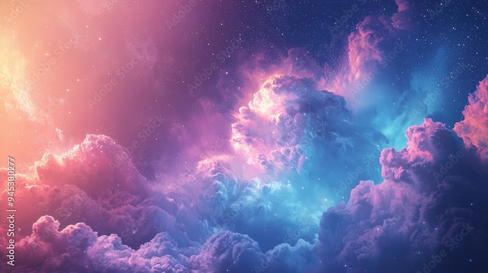 Bright, ethereal space clouds with a gradient of blue and violet Bright, ethereal space clouds with a gradient of blue and violet