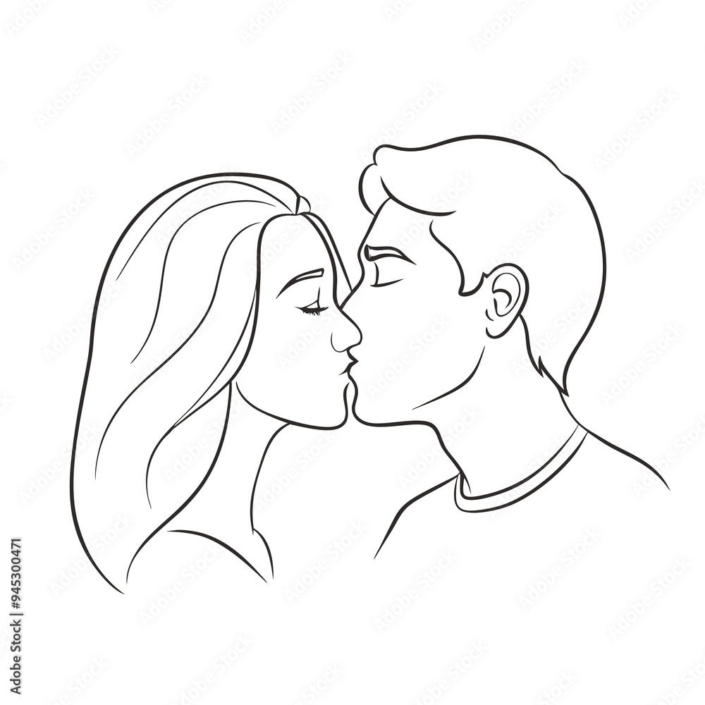 Romantic Couple Kissing, Black and White Line Art Illustration Romantic Couple Kissing, Black and White Line Art Illustration