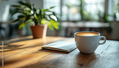 A close-up shot of a cup of coffee and a notebook on a wooden table.