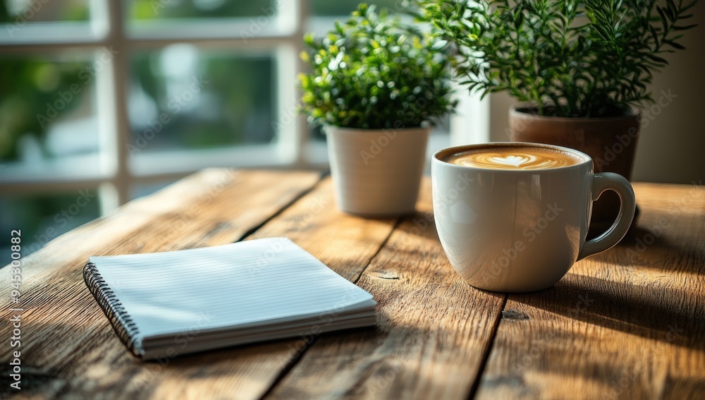 Coffee, Notebook, and Plants on a Wooden Table. Coffee, Notebook, and Plants on a Wooden Table.