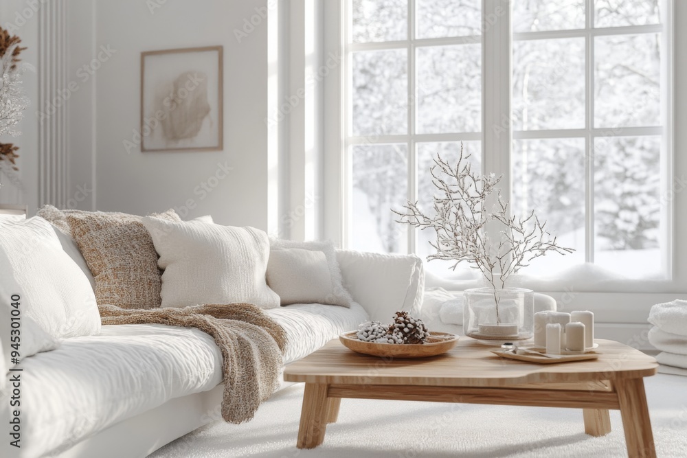 Naklejka premium photo of candinavian style living room interior with a sofa, coffee table, and a winter landscape outside the window 
