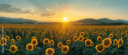 Wallpaper Mural Serene Sunrise in Sunflower Field: Panoramic View of Golden Flowers Facing the Rising Sun in Clear Dawn Sky Torontodigital.ca