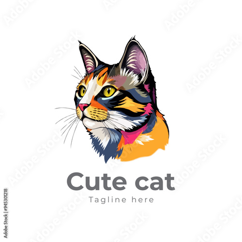 Colorful cat vector artwork on white background.  Cartoon Cat logo design. Cute Cat illustration for cat lover