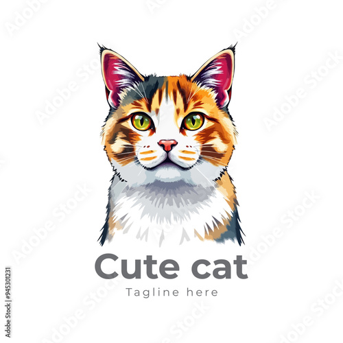 Colorful cat vector artwork on white background.  Cartoon Cat logo design. Cute Cat illustration for cat lover