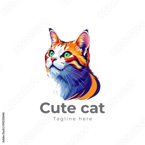 Colorful cat vector artwork on white background.  Cartoon Cat logo design. Cute Cat illustration for cat lover