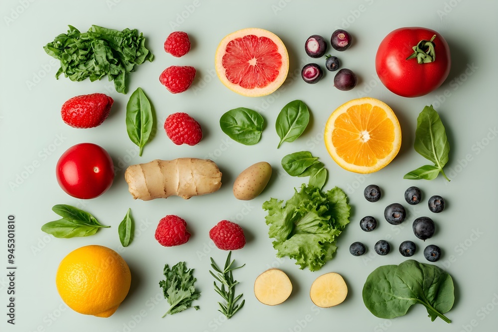 Creative neatly arranged food layout with fruits, vegetables and leaves on bright background. Minimal healthy food concept. Flat lay Creative neatly arranged food layout with fruits, vegetables and leaves on bright background. Minimal healthy food concept. Flat lay