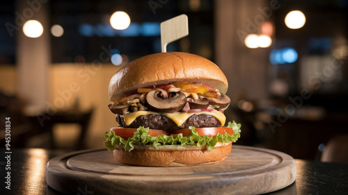 Delicious gourmet mushroom Swiss burger with melted cheese, fresh lettuce, and tomato on a toasted bun, served on a plate with a soft, cozy restaurant background. 
