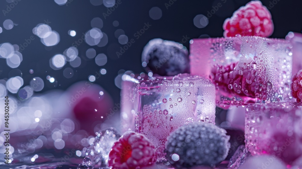 Neon-colored gummy bear ice cubes, dark background, mixed berry garnish, shimmering with water droplets, presenting a lively and energetic composition. Neon-colored gummy bear ice cubes, dark background, mixed berry garnish, shimmering with water droplets, presenting a lively and energetic composition.