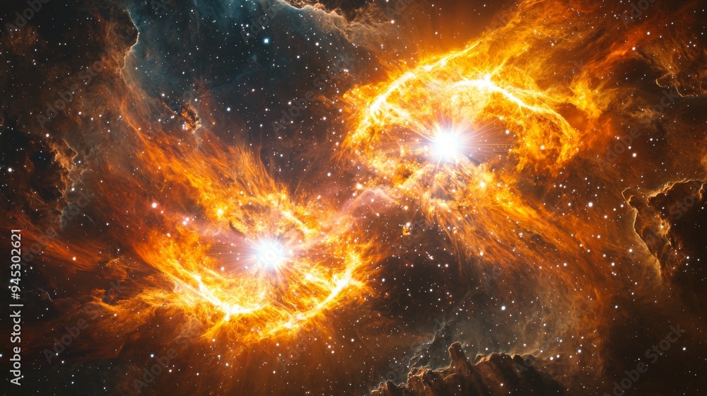 Close-up of a binary star system in a vibrant nebula Close-up of a binary star system in a vibrant nebula