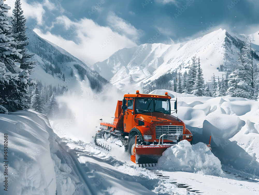 Snowplow on mountain road, clearing snow after storm. Winter wonderland scene with snowy surroundings. Snowplow on mountain road, clearing snow after storm. Winter wonderland scene with snowy surroundings.