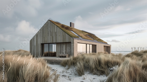 a modern, minimalist beach house surrounded by sand dunes and tall, windswept grasses. The house features large glass windows that allow for an unobstructed view of the beach and ocean photo