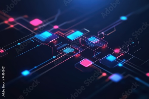 Abstract digital circuit design with vibrant colors, highlighting technology, innovation, and connectivity in a modern space.