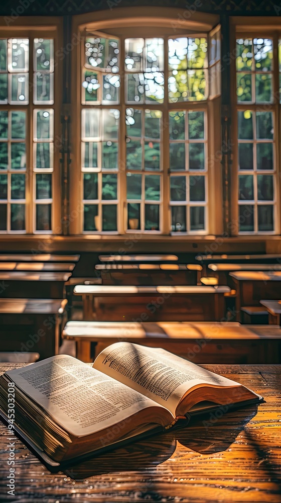 An open book lies on a wooden desk in the front of a classroom, bathed in the warm light streaming through the windows An open book lies on a wooden desk in the front of a classroom, bathed in the warm light streaming through the windows