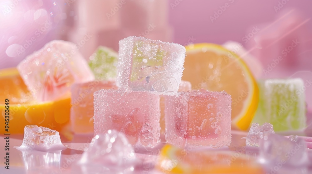 Pastel gummy bear ice cubes, blurred background, citrus garnish, glistening with water droplets, offering a soft and delightful visual. Pastel gummy bear ice cubes, blurred background, citrus garnish, glistening with water droplets, offering a soft and delightful visual.