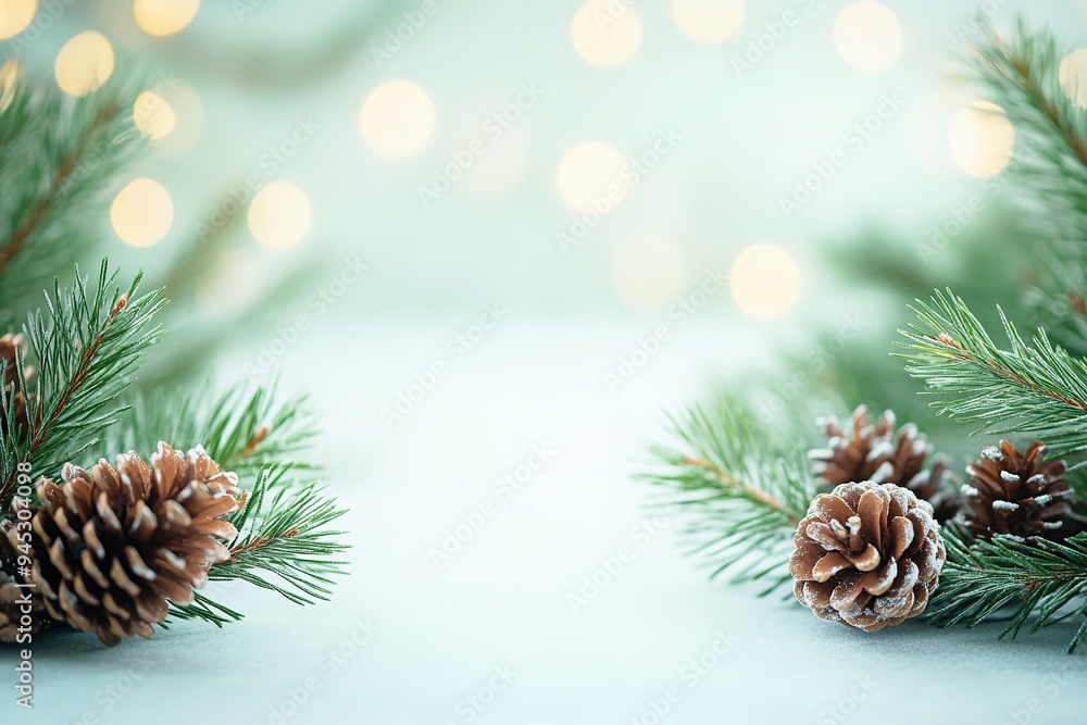 Pine cones and fir branches with soft lights on blue Pine cones and fir branches with soft lights on blue