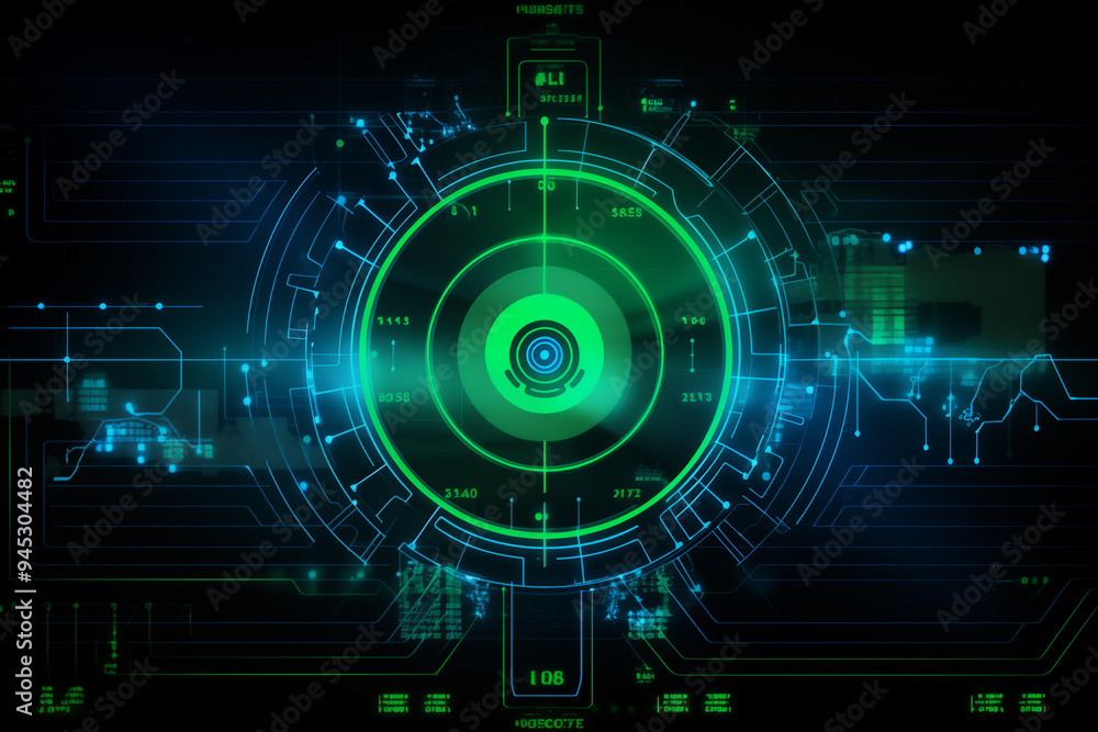 Abstract Futuristic Interface with Green and Blue Lines Glowing Circles and Numbers Abstract Futuristic Interface with Green and Blue Lines Glowing Circles and Numbers