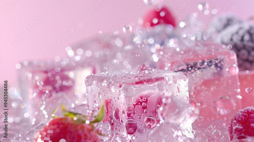 Pastel gummy bear ice cubes, soft-focus background, assorted fruit garnish, shimmering with water droplets, offering a gentle and delightful visual. Pastel gummy bear ice cubes, soft-focus background, assorted fruit garnish, shimmering with water droplets, offering a gentle and delightful visual.