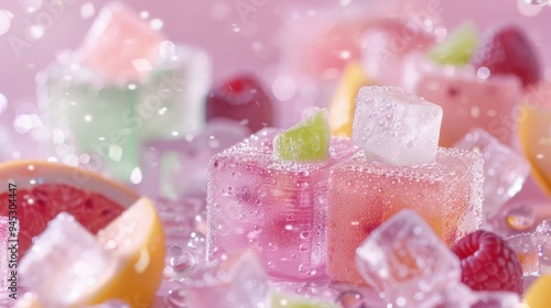 Pastel gummy bear ice cubes, soft-focus background, assorted fruit garnish, shimmering with water droplets, offering a gentle and delightful visual.