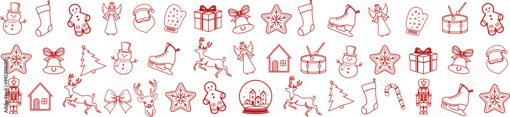 Fototapeta premium Christmas elements set icons design. Christmas collection of bells, santa, deer, angel, nutcracker, cookies, showman, snowstar, drums, mitten, candy, sock, tree