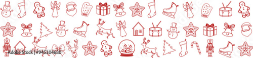 Christmas elements set icons design. Christmas collection of bells, santa, deer, angel, nutcracker, cookies, showman, snowstar, drums, mitten, candy, sock, tree