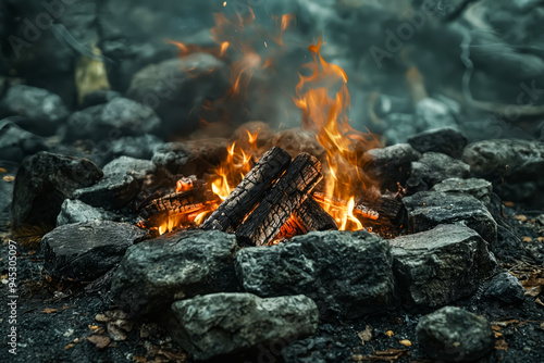 A campfire burning in the middle of a pile of rocks