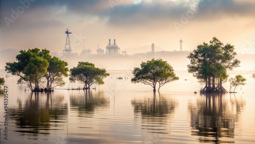 Foggy morning in the Niger Delta, mangrove trees emerging, oil rigs fading, monotone palette, soft bokeh, mystical mood, subtle gradation.