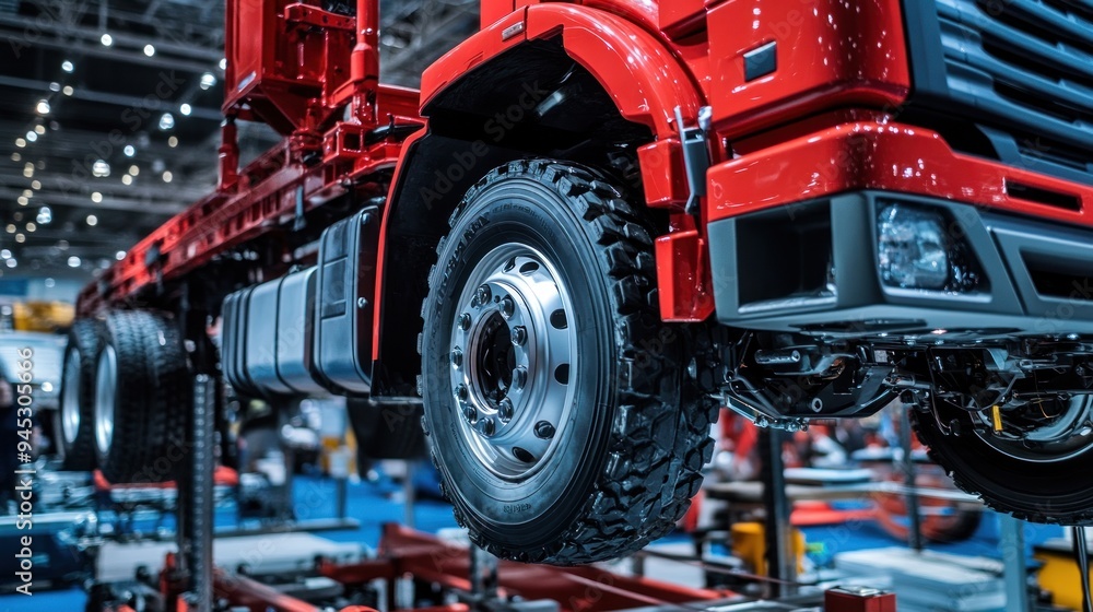Fototapeta premium Truck on a lift at a truck service station. close-up of a car's undercarriage.