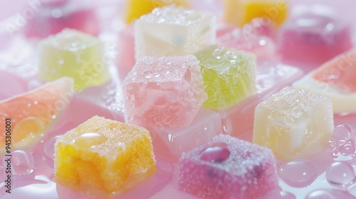 Pastel jelly-type gummy cubes, soft-focus background, assorted fruit garnish, shimmering with water droplets, offering a gentle and delightful visual.