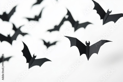 halloween, creepy concept - black paper bats swooping over a white surface