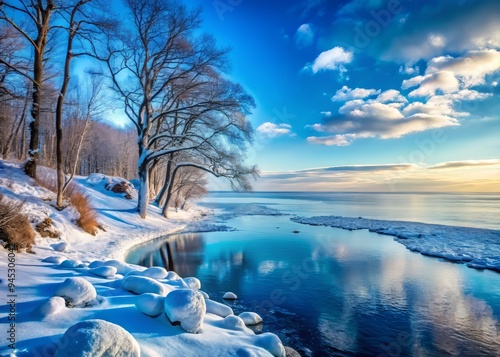 Baltic Sea frozen tundra, icy blue hues, snow-covered shoreline, bare trees, and majestic frozen lake in the background photo