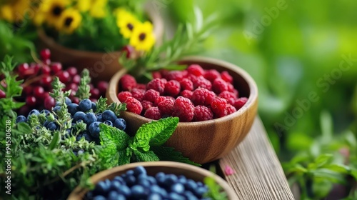 Rustic Outdoor Setting with Berries and Wild Fruits, Perfect for Immune Boosting Dietary Recommendations