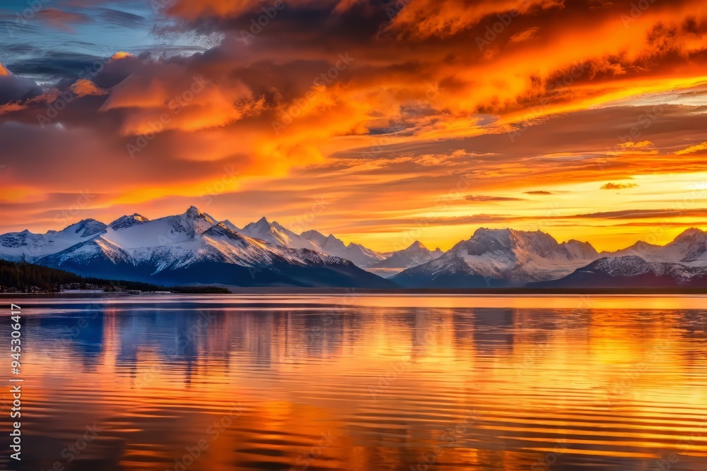 Serenene sunset with warm orange hues, soft ripples on calm waters, and majestic snow-capped mountains fading into the horizon. Serenene sunset with warm orange hues, soft ripples on calm waters, and majestic snow-capped mountains fading into the horizon.