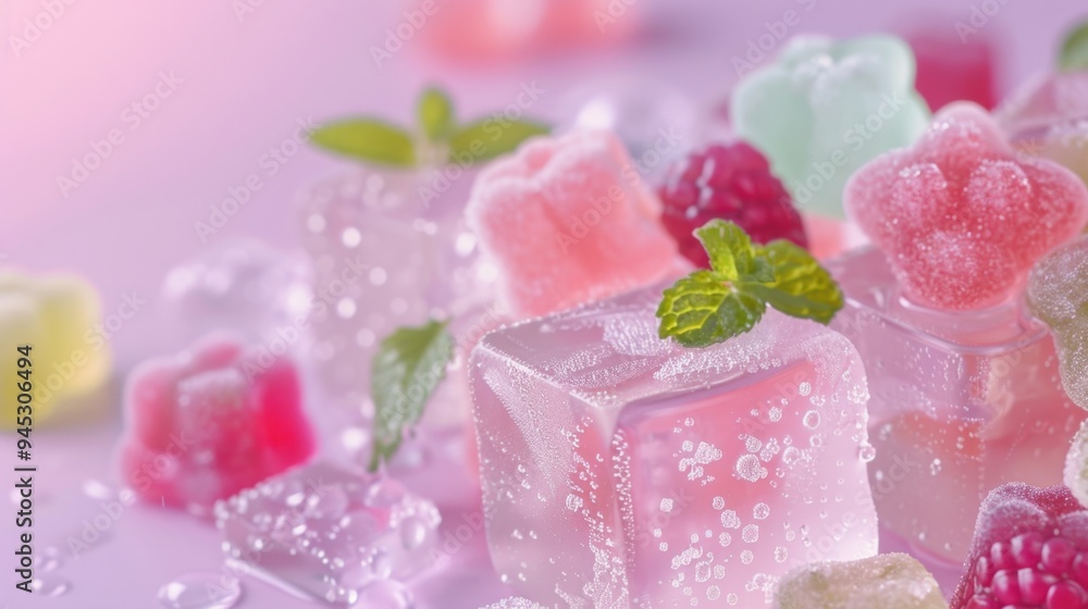 Playful gummy bear ice cubes, neutral background, herb garnish, covered in water droplets, balancing sweetness with herbal freshness. Playful gummy bear ice cubes, neutral background, herb garnish, covered in water droplets, balancing sweetness with herbal freshness.