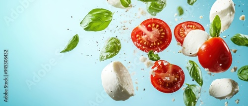 Fresh ingredients flying together, featuring basil, tomato, and mozzarella, perfect for a vibrant salad or Italian dish.