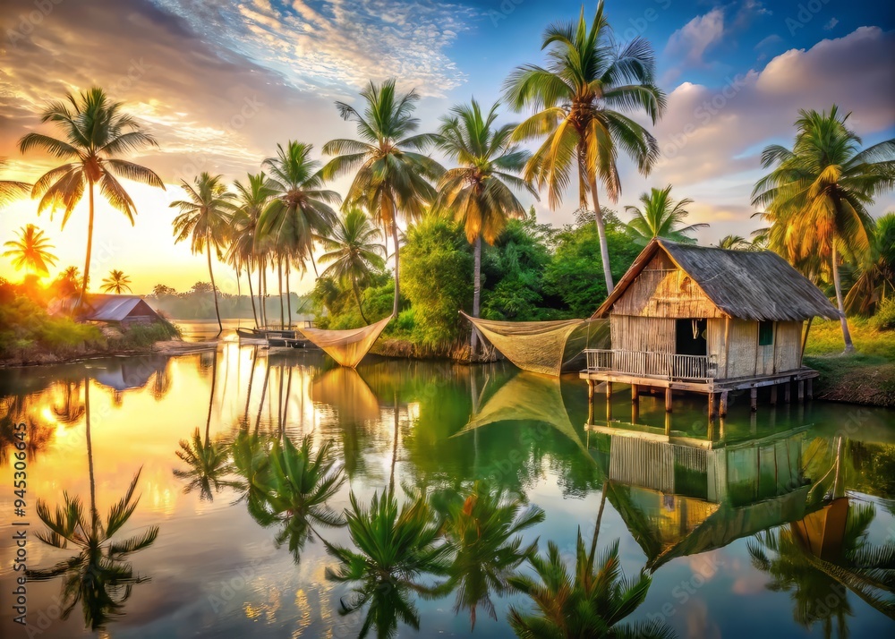 Idyllic lakeside village scene with local fishing nets, rustic huts, and swaying palm trees, bathed in warm afternoon light, radiating peace and tranquility. Idyllic lakeside village scene with local fishing nets, rustic huts, and swaying palm trees, bathed in warm afternoon light, radiating peace and tranquility.