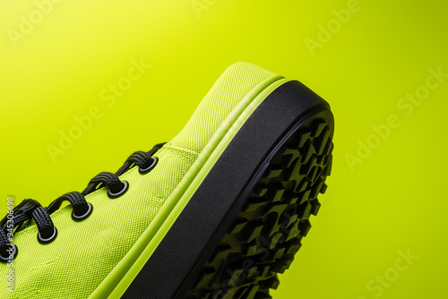 Close-up of Vibrant Lime Green Athletic Shoe with Rugged Sole on Bold Background photo