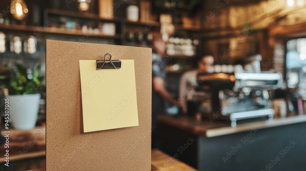 a Blank Sticky Note on a Corkboard in a Cozy Café Corner