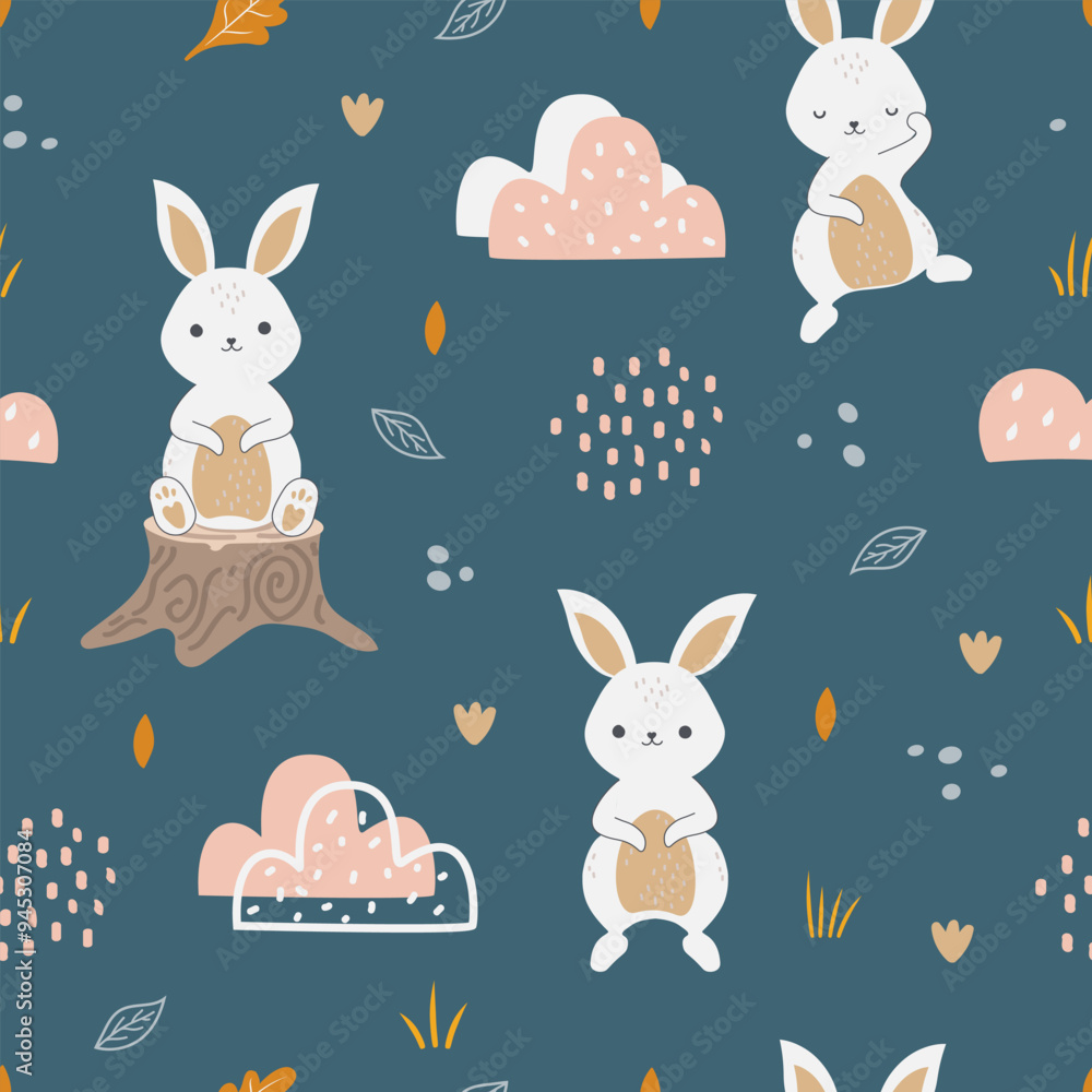 PrintSeamless pattern on navy blue background with cute rabbit in the forest. Forest animal background for kid. For fabric, wallpaper, wrapping paper, kids apparel, baby product. Vector illustration PrintSeamless pattern on navy blue background with cute rabbit in the forest. Forest animal background for kid. For fabric, wallpaper, wrapping paper, kids apparel, baby product. Vector illustration