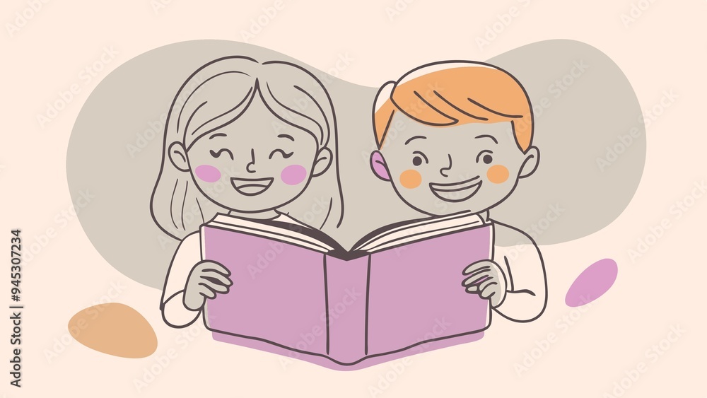 boy and girl reading a book, happy children learning, knowledge acquisition, smart children, school, library, reading together