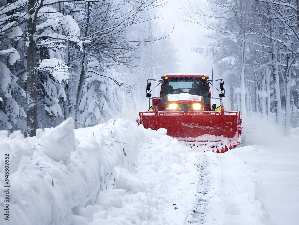 A snowplow truck is making its way through a thick layer of freshly fallen snow. A snowplow truck is making its way through a thick layer of freshly fallen snow.
