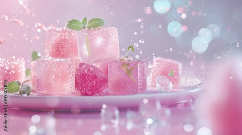 Playful gummy bear ice cubes, plain setting, herb garnish, shimmering with water droplets, balancing sweetness with herbal undertones.