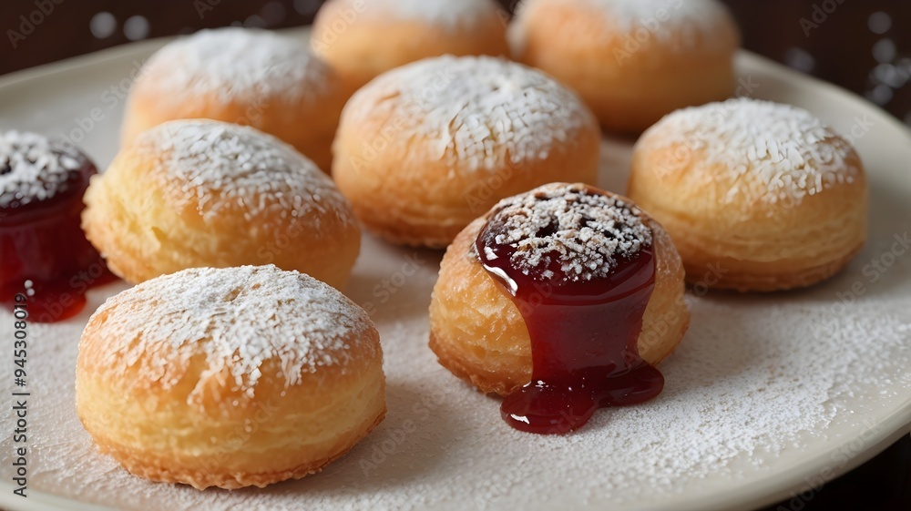 crisp cakes with jam and powdered sugar on a plate
crisp cakes with jam and powdered sugar on a plate