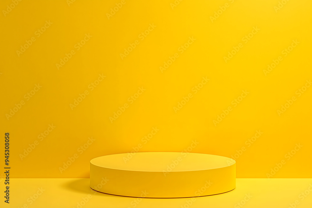 minimalist display with a vibrant yellow background and matching yellow circular pedestal on slightly raised platform. Generative Ai. minimalist display with a vibrant yellow background and matching yellow circular pedestal on slightly raised platform. Generative Ai.