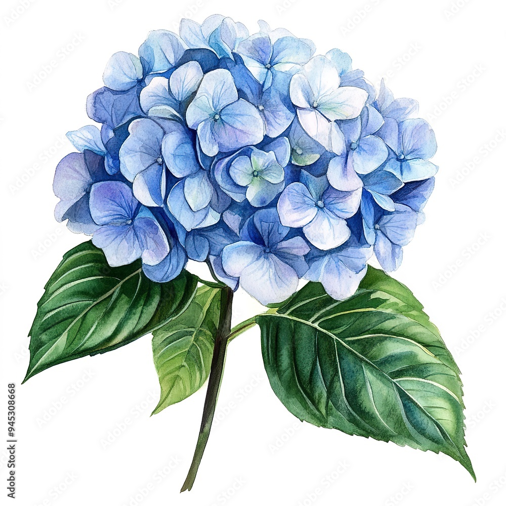 Watercolor illustration clipart of a stunning blue hydrangea isolated on white background Watercolor illustration clipart of a stunning blue hydrangea isolated on white background