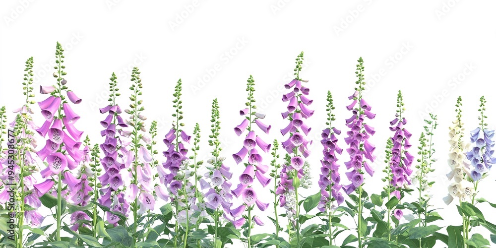 Naklejka premium Watercolor foxglove clipart with tall spires of colorful flowers , 3D render. white background